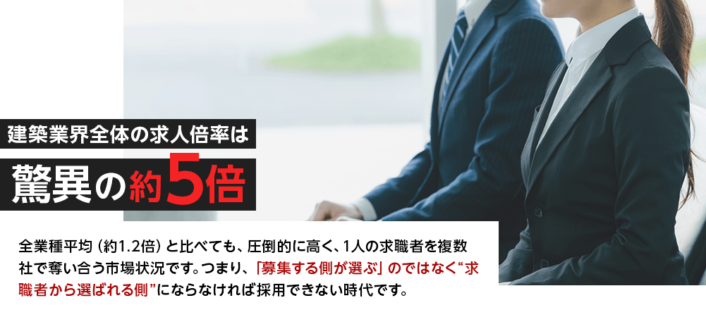 建築業界全体の求人倍率は驚異の5倍
